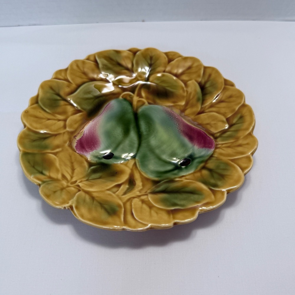 PV France Majolica Fruit Plates Set of 6 Yellow Green 7.5in Good Vintage Crazing